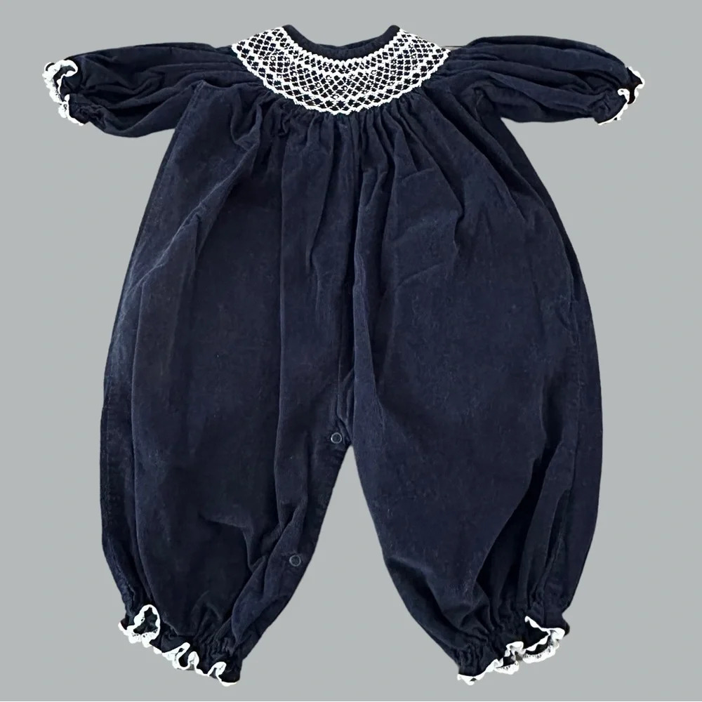 Stellybelly baby girls 12 months Navy Blue Corduroy Smocked Romper Bubble Cotton